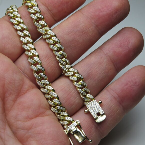 14k *925 Sterling Silver Men's Cuban Diamond Bracelet - Picture 1 of 7